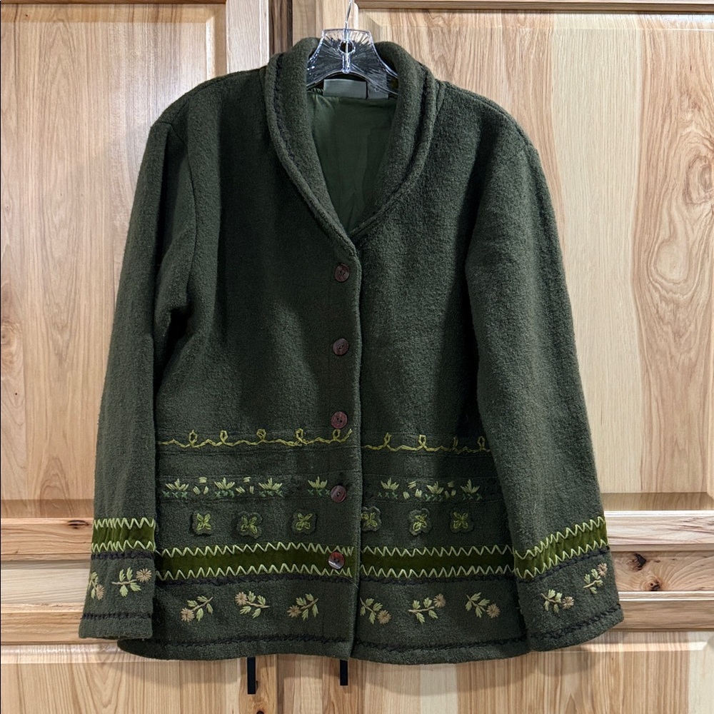 Embroidered Vintage IVY Green Wool Jacket Blazer Grannycore Cardigan